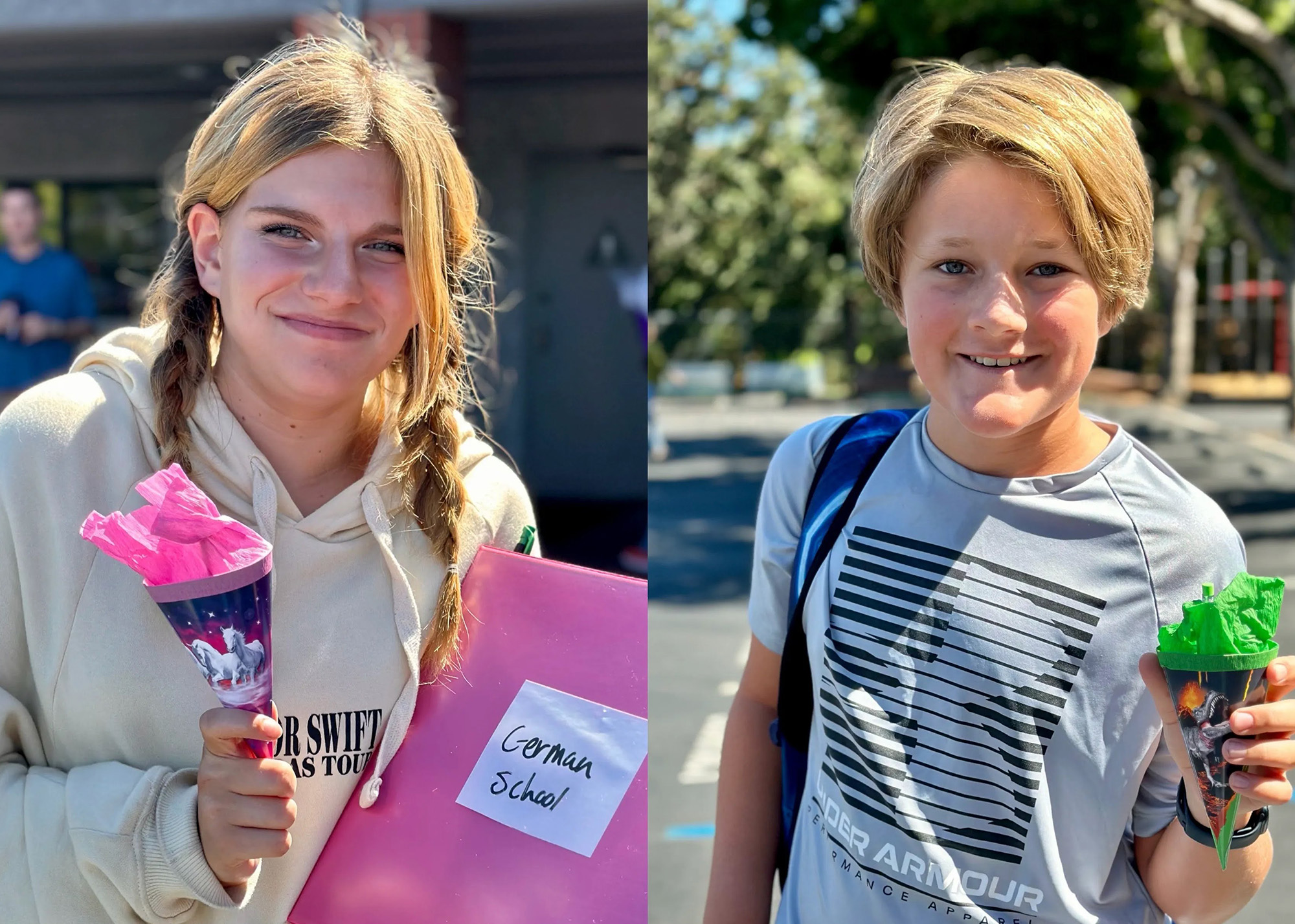 Two middle school students holding their Schultüte on the first day of school.